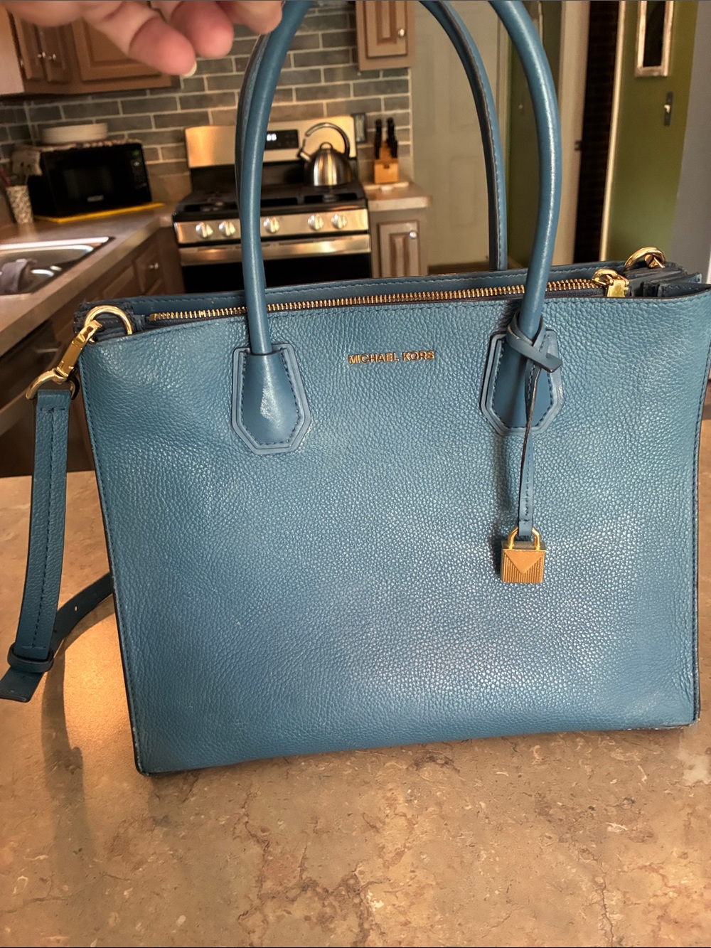 Michael Kors Blue Teal Pebbled Leather Satchel with Gold Hardware